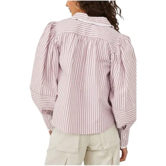 Free People Bexley Cotton Striped Blouse Button Up Puffed Sleeve Lace NEW M - Picture 13 of 15